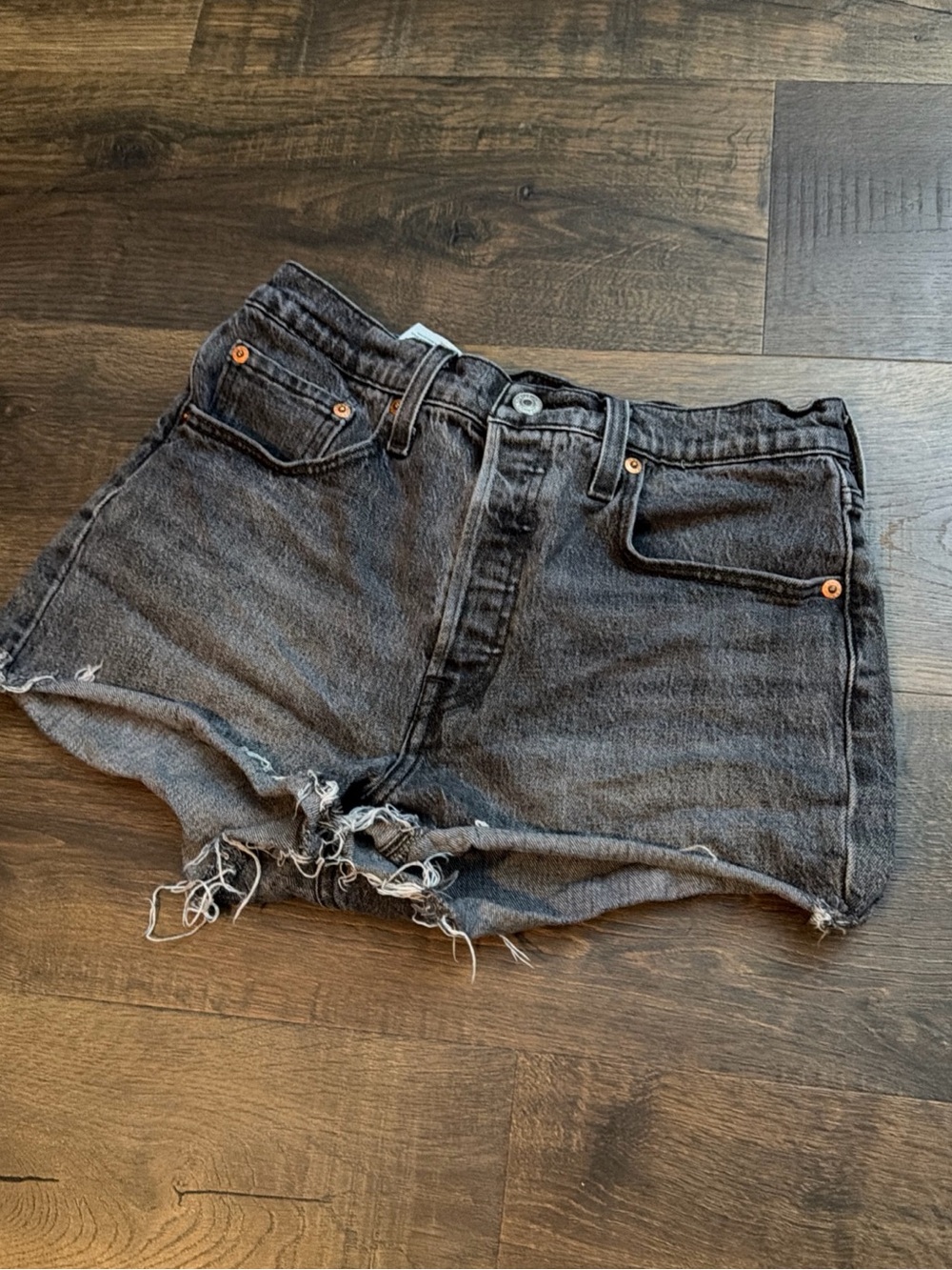 Levis Premium 501 Original Distressed Black Denim Cut Off Shorts Womens Size 27